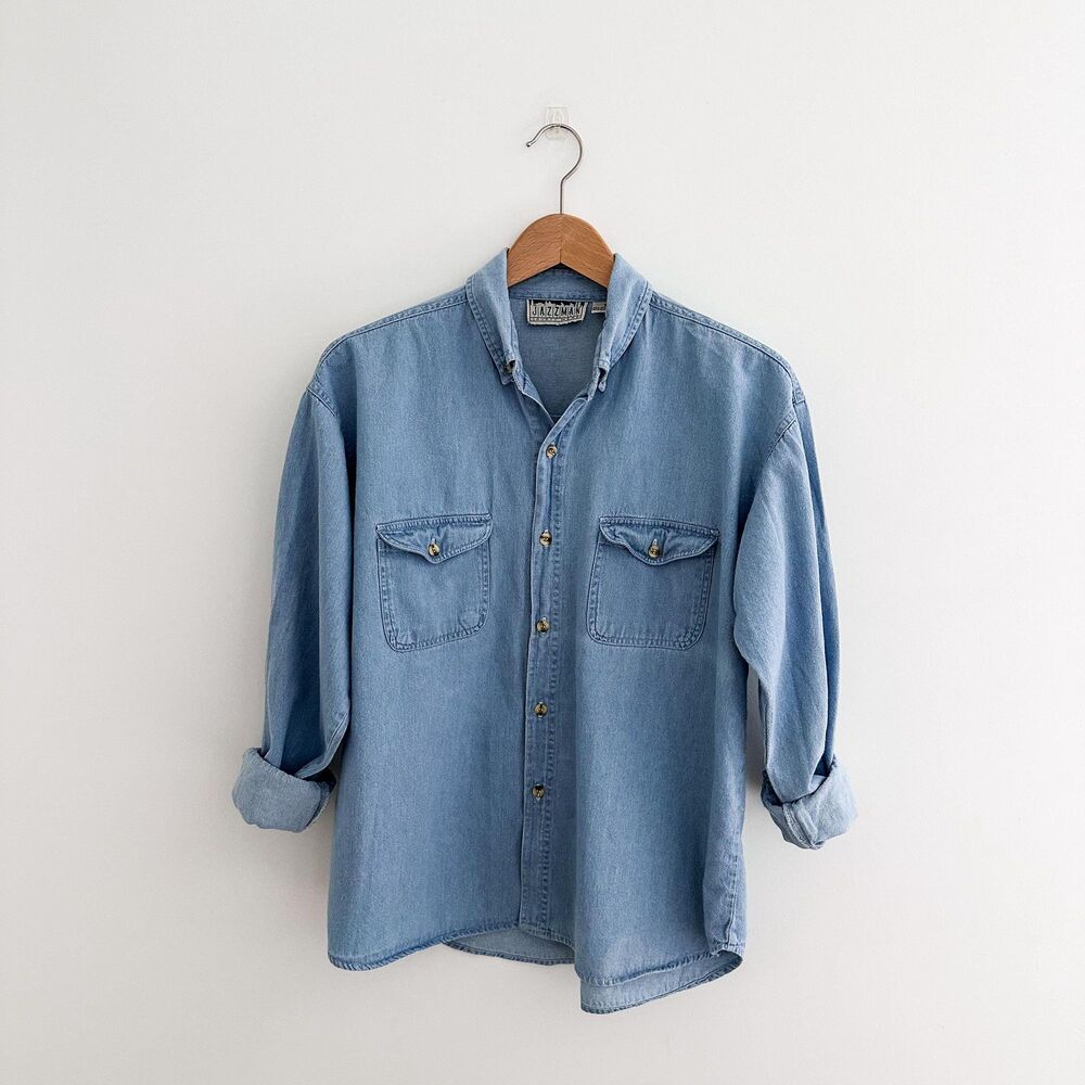 Vintage Soft Chambray Button Down Shirt Worn-In Cotton Denim Top Relaxed Size L